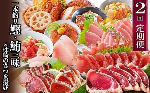 定期便(2回配送)一本釣りかつお・まぐろ三昧 (さつまあげも) DD-6005【1166750】 _ ふるさと納税 定期便 ビンチョウマグロ カツオ さつま揚げ さしみ タタキ 丼ぶり 魚介 海鮮 ニンニク 生姜 炭焼 ゆず