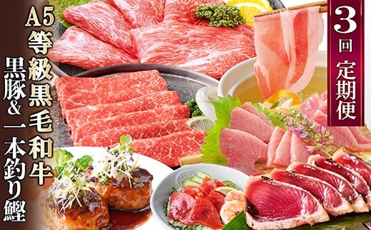 定期便(3回配送)黒毛和牛・黒豚・カツオ LL-6036【1483594】 _ ふるさと納税 定期便 牛肉 豚肉 A5等級 黒毛和牛 黒豚 すき焼き しゃぶしゃぶ ハンバーグ 生ハム カツオ タタキ 刺身 鹿児島県