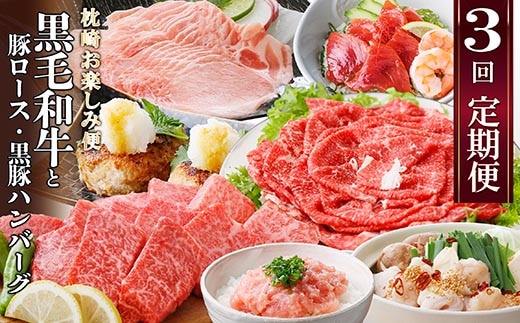 定期便【3回配送】枕崎お楽しみ便(A5黒毛和牛・豚ロース・黒豚ハンバーグ・かつお丼)LL-6037【1473519】 _ 肉 お肉 牛肉 切り落とし すき焼き もつ鍋 黒豚 豚肉 かつお 鰹 焼肉