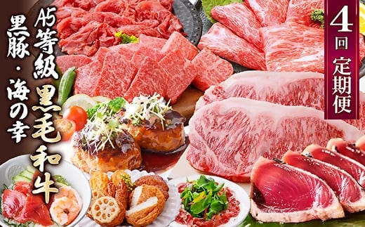 定期便(4回配送)黒毛和牛&黒豚・かつお・さつまあげ NN-0040【1166778】ふるさと納税 定期便 牛肉 豚肉 和牛 サーロイン ステーキ 黒豚 カツオ タタキ 生ハム さつま揚げ 海鮮丼 焼肉 しゃぶしゃぶ すき焼き