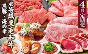 定期便(4回配送)黒毛和牛&黒豚・かつお・さつまあげ NN-0040【1166778】ふるさと納税 定期便 牛肉 豚肉 和牛 サーロイン ステーキ 黒豚 カツオ タタキ 生ハム さつま揚げ 海鮮丼 焼肉 しゃぶしゃぶ すき焼き