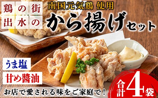 i1074 《毎月数量限定》鹿児島県産 南国元気鶏のから揚げ (計4袋 / うま塩・甘め醤油 各2袋) から揚げ 鶏肉 鶏 唐揚げ からあげ 塩味 醤油味 真空包装 冷凍 おかず 惣菜 国産 【味処 心】