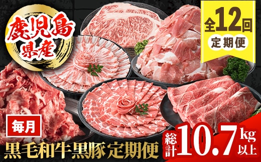 i1008 ＜定期便・計12回(連続)＞黒毛和牛黒豚定期便(総計約10.7kg以上) 国産 九州産 鹿児島産 黒毛和牛 牛肉 国産牛 黒豚 豚肉 サーロイン ステーキ 切り落とし 切落し しゃぶしゃぶ すき焼き 定期便 12回 冷凍配送 【スターゼン】
