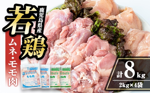 i1095 鹿児島県産 若鶏ムネ肉・モモ肉 2種セット (計8kg・各2kg×2P ) 鶏肉 むね肉 もも肉 セット 国産 チキン もも むね 美味しい ダイエット 料理 【まつぼっくり】