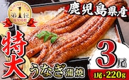 i1078-B ＼特大サイズ／鹿児島県産 うなぎ蒲焼 3尾（約220g×3・計約660g） たれ 山椒付きうなぎ 鰻 ウナギ 特大 特大サイズ 約220g 蒲焼き 国産 鹿児島県産 焼きたて 生産量日本一 真空パック おかず 晩御飯 特別な日 【薩摩川内鰻】