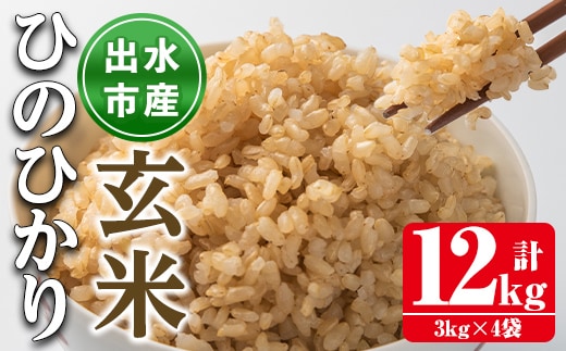 i503 鹿児島県出水市産ひのひかり玄米＜3kg×4袋・計12kg＞ 米 玄米 お米 12kg 国産 ひのひかり おにぎり ごはん 自家脱穀 お米マイスター 厳選 【田上商店】