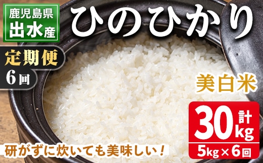 i543 ＜定期便・計6回(連続)＞鹿児島県出水市産ひのひかり美白米＜5kg×全6回＞ 米 5kg 計30kg お米 白米 ヒノヒカリ 美白米 定期便 自家脱穀 自家精米 精米 おにぎり ごはん お米マイスター 厳選 【田上商店】