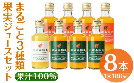 i610 まるごと３種類果実ジュースセット(180ml×8本・全3種) 飲料 ジュース みかん 蜜柑 詰合せ 果汁 100% 河内晩柑 不知火 温州みかん 無着色 無香料 ストレートジュース 安心安全 ギフト 贈り物 【江崎果樹園】