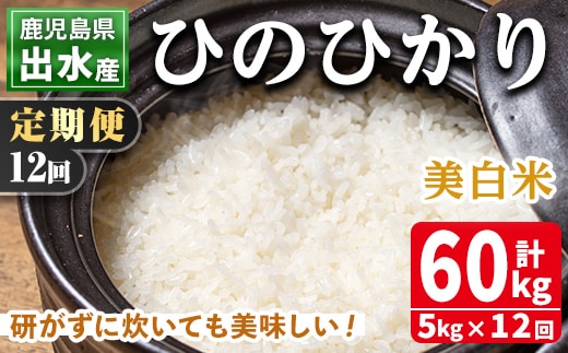 i664 ＜定期便・計12回(連続)＞鹿児島県出水市産ひのひかり美白米＜5kg×全12回＞ 米 5kg 計60kg お米 白米 ヒノヒカリ 美白米 定期便 自家脱穀 自家精米 精米 おにぎり ごはん お米マイスター 厳選 【田上商店】