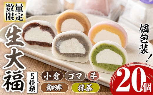 i788 《毎月数量限定》生大福 (合計20個・5種)大福 クリーム大福 数量限定 クリーム 小倉 コーヒー 抹茶 ごま 芋 あんこ 和菓子 スイーツ 和スイーツ 食べ比べ 詰め合わせ 個包装 贈答 手土産 冷凍【泉菓園】