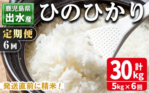 i704 ＜定期便・計6回(連続)＞鹿児島県出水市産ひのひかり＜5kg×全6回＞ 米 5kg 計30kg お米 白米 ヒノヒカリ 定期便 自家脱穀 自家精米 精米 おにぎり ごはん お米マイスター 厳選 【田上商店】