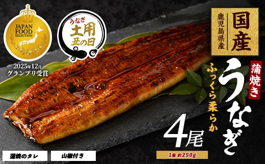【丑の日に合わせてお届け！】【鹿児島県産】うなぎ蒲焼じっくり焼き約250g×4尾 木目化粧箱入り(大新/IB021-003u)うなぎ 国産 鹿児島 蒲焼 丑の日 丑 土用丑の日