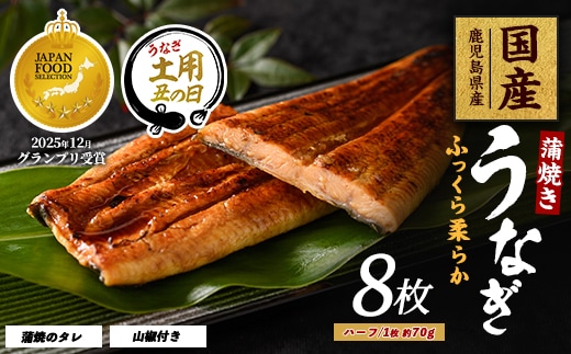【丑の日に合わせてお届け！】【鹿児島県産】うなぎ蒲焼じっくり焼きハーフカット約70g×8枚 化粧箱入り(大新/IB021-007u)鰻 ウナギ 蒲焼 国産 丑の日 うな重 無頭 ギフト プレゼント 贈り物 贈答 惣菜 総菜 小分け レンジ 簡単 蒲焼き ハーフサイズ 冷凍 鹿児島県産