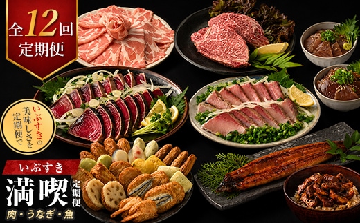 【全１２回定期便】肉・うなぎ・魚！いぶすき満喫便 (IBZ999-018) うなぎ蒲焼 きざみうなぎ 鰻 さつま揚げ デミグラスハンバーグ 薩摩牛 ヒレステーキ カツオタタキ ブリタタキ 黒豚ロース 黒牛 サーロインステーキ 海鮮漬け丼 まぐろ かつお