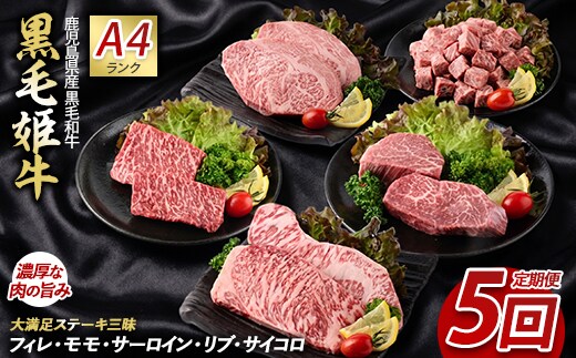 【全５回定期便】 大満足 ステーキ 三昧 定期便 (Meat you/IBZ029-001) 黒毛 姫牛 A4ランク リブロース サーロイン フイレ モモ サイコロステーキ 国産 和牛 牛肉 黒毛和牛