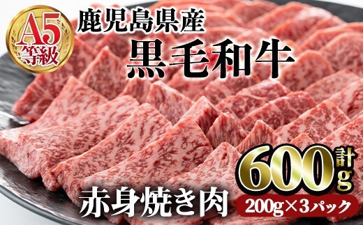 鹿児島県産黒毛和牛(A5等級)赤身焼肉セット合計600g(200g×3パック)赤身焼肉牛肉【LRプラスK】A227-v01