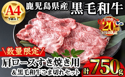 【数量限定】鹿児島県産黒毛和牛A4等級以上肩ロースすき焼き用(計750g＋黒毛和牛こま切れ250g×1P)鹿児島県産牛肉冷凍【KNOT】A809-v01
