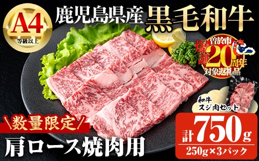 【数量限定】鹿児島県産黒毛和牛A4等級以上肩ロース焼肉用(計750g＋和牛スジ肉250g×1P)鹿児島県産黒毛和牛肩ロース【ビーフ倉薗】A800-v01