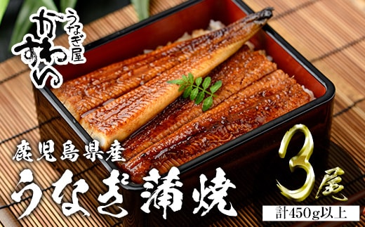 ＜うなぎ屋かわすい＞鹿児島県産国産うなぎ蒲焼(計450g以上/1本あたり150～169g×3本)タレ入り鰻うな重かばやき【川口水産】A855