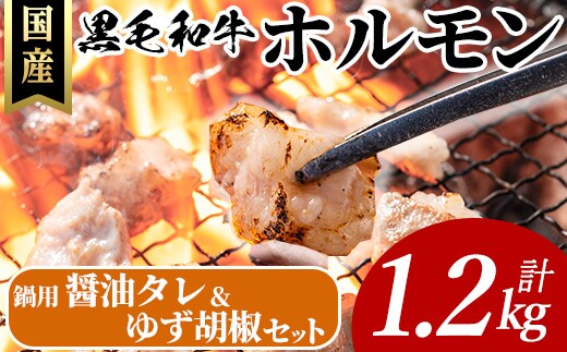国産黒毛和牛ホルモン計1.2kg(400g×3P)&鍋用醤油タレ(濃縮タイプ：30g×1P)&ゆず胡椒(1個) 牛肉 ホルモン 【ナンチク】A998
