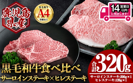 ＜14営業日以内発送！＞鹿児島県産黒毛和牛サーロイン×ヒレステーキセット (合計320g) 国産 牛肉 ステーキ【肉のちょーさん】A971