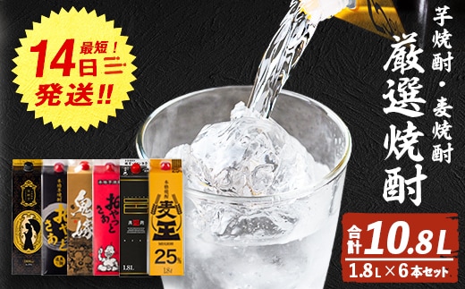 厳選焼酎パック6本アソート(各1800ml×6本・計10.8L)芋焼酎麦焼酎飲み比べ【岩川醸造】B132-v02