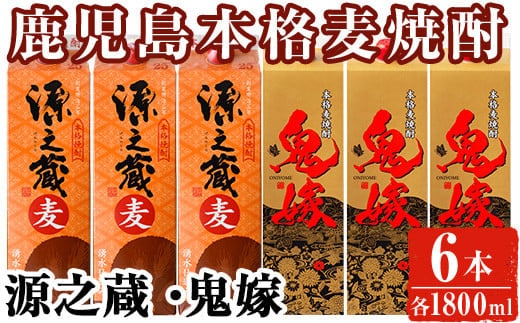 岩川醸造本格麦焼酎飲み比べ1800mlパック6本セット！(源之蔵、鬼嫁：各1800ml×3本)麦焼酎お酒飲み比べ【大隅家】B138-v02