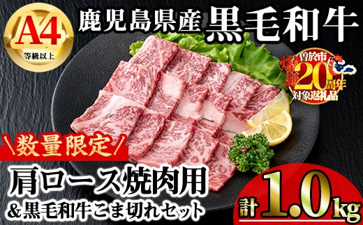 【数量限定】鹿児島県産黒毛和牛A4等級以上肩ロース焼肉用(計1.0kg＋黒毛和牛こま切れ250g×2P)鹿児島県産牛肉冷凍【KNOT】B198-v01
