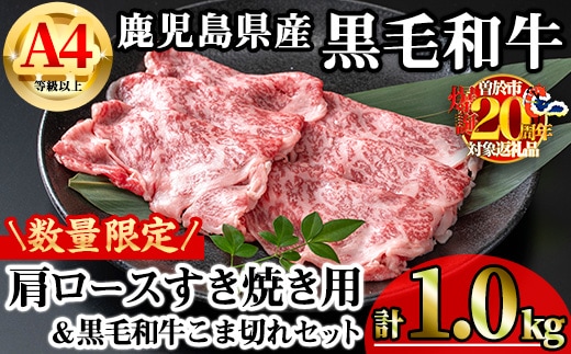 【数量限定】鹿児島県産黒毛和牛A4等級以上肩ロースすき焼き用(計1.0kg＋黒毛和牛こま切れ250g×2P)鹿児島県産牛肉冷凍【KNOT】B199-v01