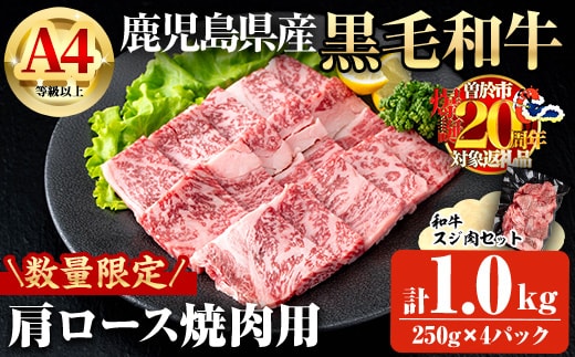 【数量限定】鹿児島県産黒毛和牛A4等級以上肩ロース焼肉用(計1.0kg＋和牛スジ肉250g×2P)鹿児島県産黒毛和牛肩ロース【ビーフ倉薗】B197-v01