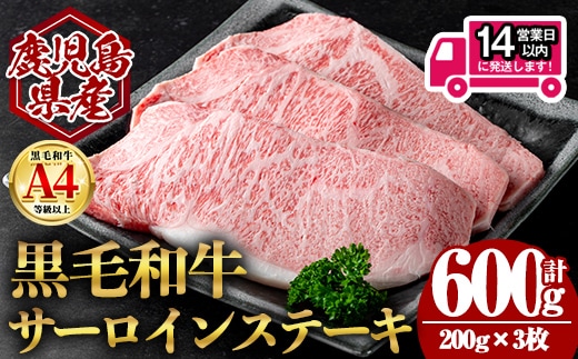 ＜14営業日以内発送！＞鹿児島県産黒毛和牛サーロインステーキ (計600g・200g×3) 国産 牛肉 ステーキ【肉のちょーさん】B203