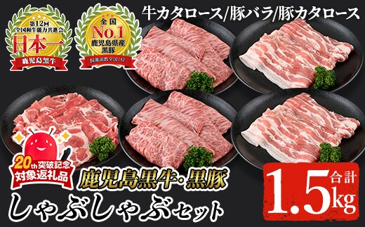 【A-1201】鹿児島黒牛・黒豚しゃぶしゃぶセット合計1.5kg(牛カタロース300g×2P、豚バラ300g×2P、豚カタロース300g×1P) 黒毛和牛 黒豚 詰め合わせ【そお鹿児島農業協同組合】C28-v01