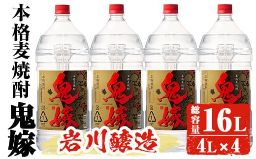 岩川醸造本格麦焼酎鬼嫁4本セット〈麦〉(4L×4本・計16L)お酒焼酎麦焼酎【大隅家】C37-v01