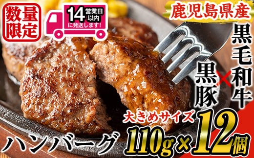 ＜数量限定・14営業日以内発送予定＞鹿児島県産黒毛和牛×黒豚使用！お肉屋の贅沢合挽き生ハンバーグ12個(計1.3kg以上)黒毛和牛黒豚ハンバーグ【ナンチク】A331-v02
