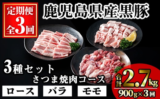 ＜定期便・全3回＞かごしま味わい黒豚 さつま焼肉コース(合計2.7kg/900g×3回) 黒豚 焼肉 豚肉【KNOT】 T57