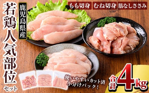 K-214-B 鹿児島県産 若鶏人気部位セット (合計4kgセット)【TRINITY】 霧島市 国産 小分け 冷凍 真空パック 鶏肉 鳥肉 詰め合わせ