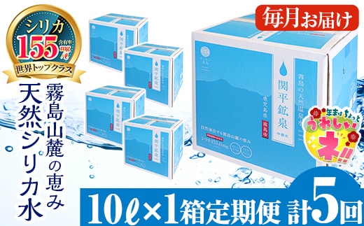 B-025 ＜定期便・全5回＞関平鉱泉水10L×1箱ずつお届け(計5箱)【関平鉱泉所】 霧島市 シリカ シリカ水 水 シリカミネラルウォーター