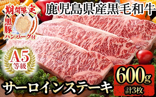 C-079 ＜期間限定！黒豚ハンバーグ付＞鹿児島県産黒毛和牛サーロインステーキ3枚 計600g(Ａ-5等級)【九面屋】霧島市 国産 牛肉 A5