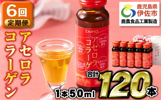 isa373 【6回定期便】コラーゲン コラーゲンドリンク アセロラコラーゲン 合計120本 (50ml×20本 / 6回配送) グルコサミン シトルリン コエンザイムQ10 ヒアルロン酸 ビタミンC 配合! 国産 アセロラを使用 美容のための コラーゲン飲料 ドリンク 【財宝】