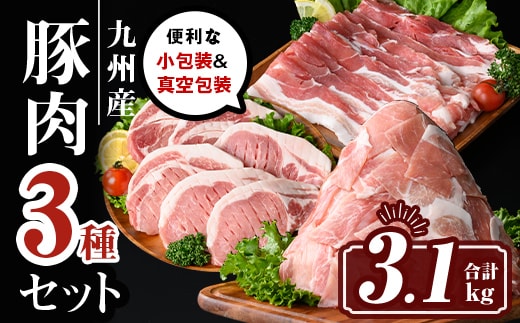 isa661 小分け・真空パック！九州産豚肉3種セット(合計3.1kg) バラスライス ロース とんかつ 生姜焼き 真空包装 真空パック 小分け ぶたにく 豚 肉 詰合せ 詰め合わせ 食べ比べ 冷凍 【サンキョーミート株式会社】