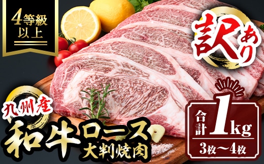 isa574 ＜訳あり＞九州産和牛ロース大判焼肉(合計1kg・3枚～4枚) 4等級以上 国産 真空包装 真空パック リブロース ステーキ 牛 うし 牛肉 アウトドア BBQ 冷凍 【サンキョーミート株式会社】
