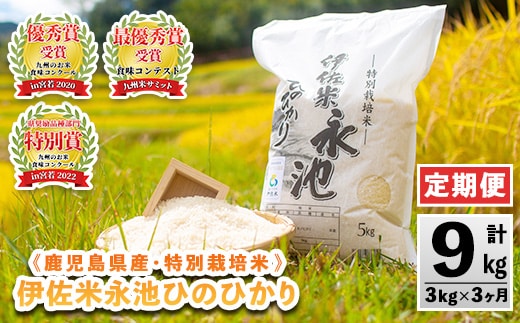 isa539 【定期便】令和7年産 特別栽培米 伊佐米永池ひのひかり(計9kg・3kg×3ヶ月) 伊佐市 永池 お米 米 白米 精米 伊佐米 食味コンテスト 最優秀賞受賞 ヒノヒカリ 【エコファーム永池】
