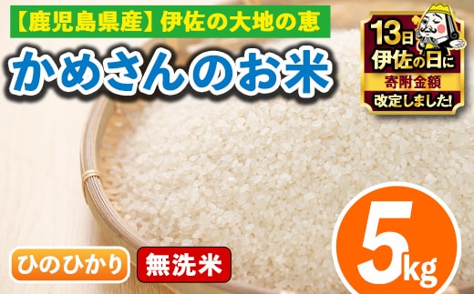 isa278 【伊佐の日・寄附額改定】《数量限定》かめさんのお米(5kg・ひのひかり・無洗米) ふるさと納税 伊佐市 特産品 国産 白米 精米 無洗米 伊佐米 お米 米 生産者 ヒノヒカリ 新米 5kg 【Farm-K】