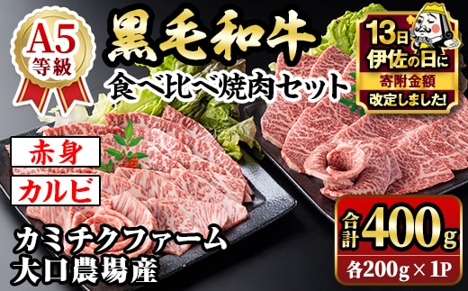 isa688 【伊佐の日・寄附額改定】鹿児島県(カミチクファーム 大口農場)産 黒毛和牛食べ比べ焼肉セット(合計400g・赤身・カルビ各200g×1パック) 黒毛和牛 焼肉 食べ比べ セット 和牛 A5 ランク 雌牛 霜降り 赤身 肩 カルビ モモ バラ 牛肉 アウトドア 小分け 冷凍 【お肉の直売所 伊佐店】