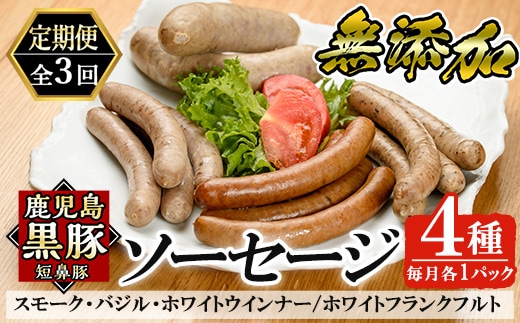 a010-B 【3回定期便】鹿児島黒豚「短鼻豚」無添加ソーセージ4種詰め合わせ(4種各1パック×3回)【鹿児島ますや】姶良市 ウインナー ウィンナー フランクフルト 豚肉 おかず