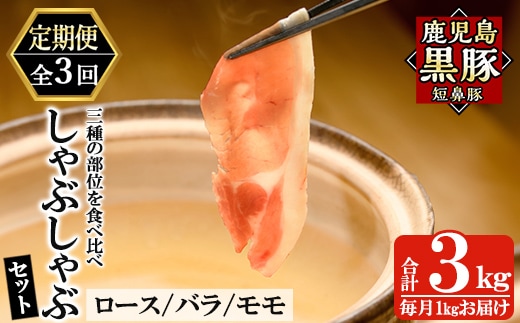 a039-A 【3回定期便】鹿児島黒豚「短鼻豚」しゃぶしゃぶセット計3kg(1kg×3回)(ロース肉・バラ肉・モモ肉)【鹿児島ますや】姶良市 国産 鹿児島県 肉 豚 豚肉 黒豚 スライス しゃぶしゃぶ セット 小分け 食べ比べ