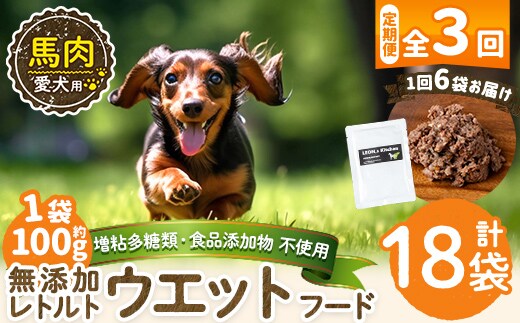 a1071-G 【3回定期便】＜増粘多糖類・食品添加物不使用＞愛犬用無添加レトルトパック 馬ウェットフード6袋×3回(1袋約100g・合計約1.8kg)【Nフードサービス】姶良市 ドッグ フード パウチ 犬 ペット おやつ ごはん ご褒美 ペット関係 常温 常温保存