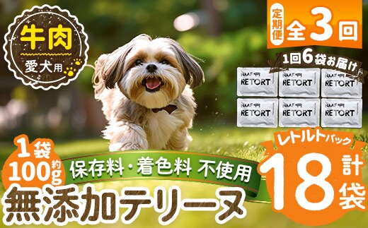a1084-G 【3回定期便】＜保存料・着色料 不使用＞愛犬用無添加テリーヌ レトルトパック 牛テリーヌ6袋×3回(1袋約100g・合計約1.8kg)【Nフードサービス】姶良市 牛 テリーヌ 犬 ドッグ ペット フード エサ レトルト おやつ ごはん ご飯 間食 ご褒美