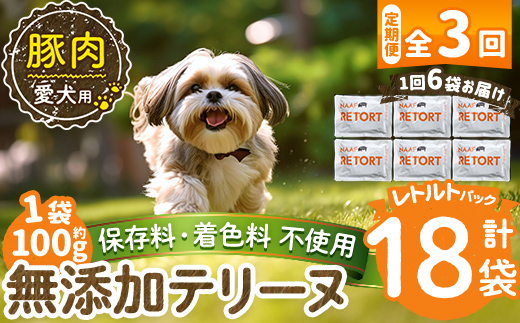 a1085-G 【3回定期便】＜保存料・着色料 不使用＞愛犬用無添加テリーヌ レトルトパック 豚テリーヌ6袋×3回(1袋約100g・合計約1.8kg)【Nフードサービス】姶良市 豚 テリーヌ 犬 ドッグ ペット フード エサ レトルト おやつ ごはん ご飯 間食 ご褒美