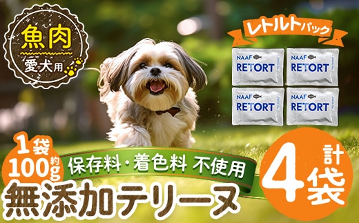a1089-B ＜保存料・着色料 不使用＞愛犬用無添加テリーヌ レトルトパック 魚テリーヌ4袋(1袋約100g・合計約400g)【Nフードサービス】姶良市 魚 テリーヌ 犬 ドッグ ペット フード エサ レトルト おやつ ごはん ご飯 間食 ご褒美